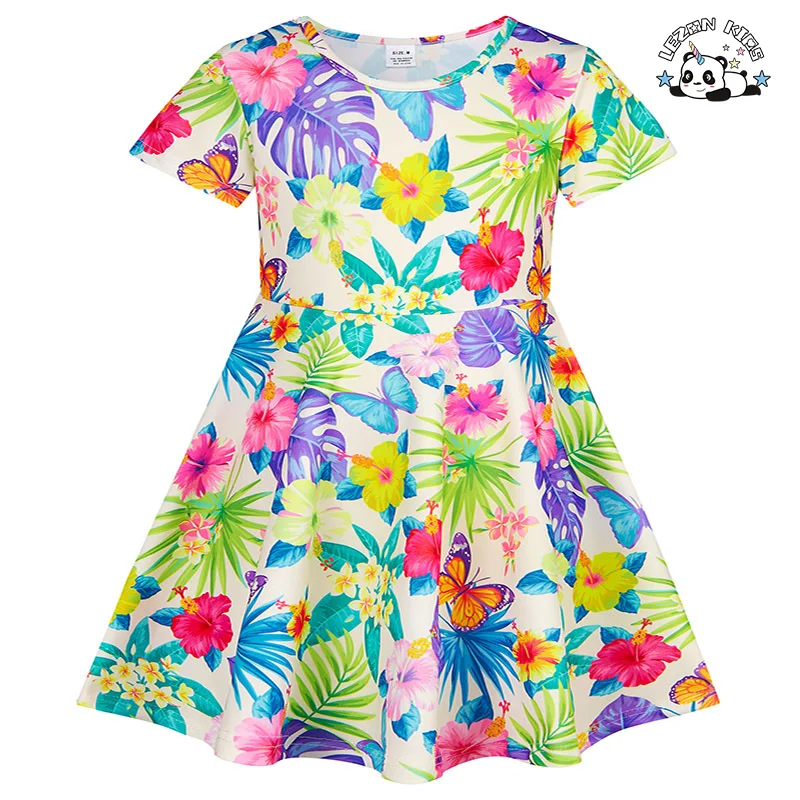 LEZONKIDS - 2024 Factory Direct Sales European American Style Printed Short Sleeve Girls Dress for Children's Clothing